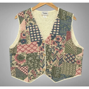 Vintage Womens Top M Pastel Pink Blue Patchwork Button Vest Country Cottagecore